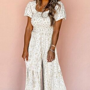 Boho Floral Smoked Wide Leg Jumpsuit